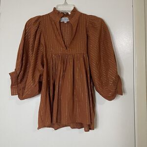 Never a Wallflower Rust brown Shimmer metallic stripe puff sleeve blouse top S